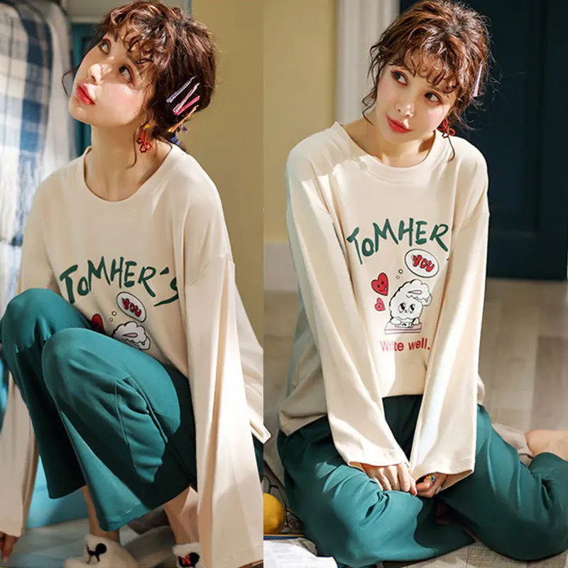 Womens Pajamas Sets Autumn Winter New Long Sleeve Cartoon Print Cute Loose Sleepwear Girl Pijamas Mujer Leisure Nightgown Women