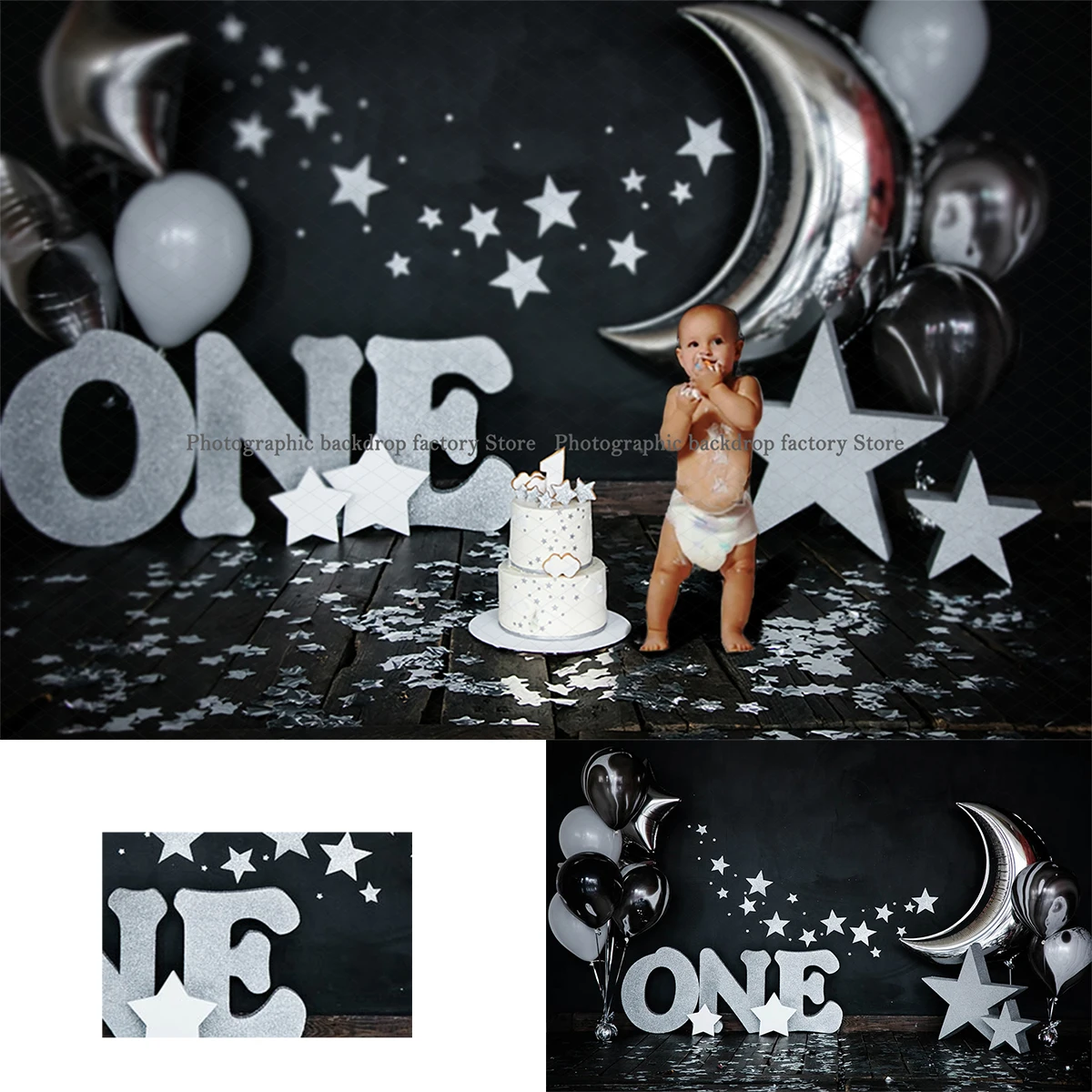 

Серебряные воздушные шары торт разбиваемый фон день рождения новорожденные фотографии Дети Портрет фон черный мерцающие маленькие звезды ...
