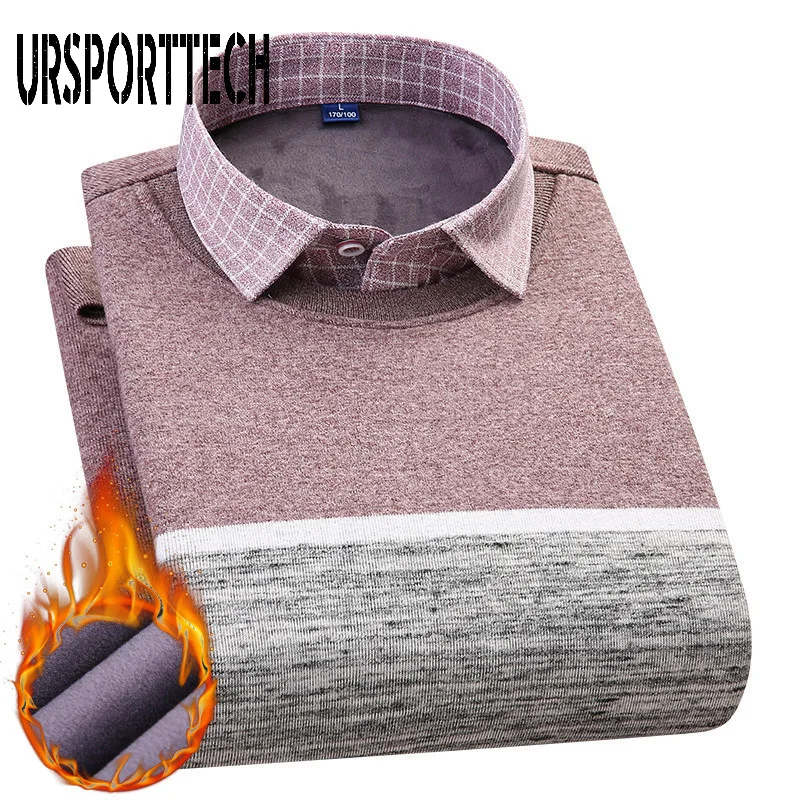 Мужская теплая зимняя рубашка с длинным рукавом и отложным воротником размеры до