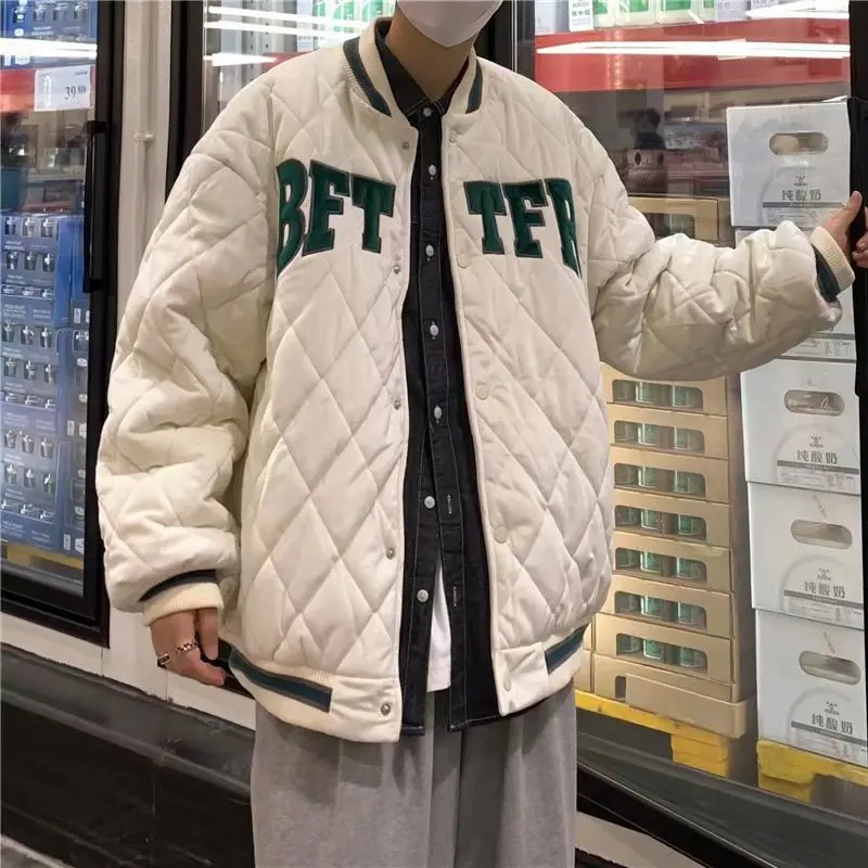 Men's Fashion Diamond Cotton Jacket Tide Brand Ins Autumn and Winter Loose Thickening Couple Baseball Uniform Jacket Winter Coat