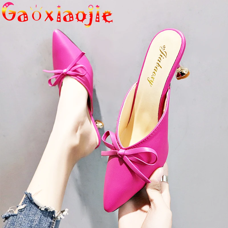 

gaoxiaojie Ladies Shoes 2021 New Pointed Bow Sandals Fashion Baotou Comfortable Career High-Heeled Shoes 6.5CM Stiletto Slippers