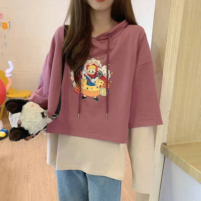 

Винтажная футболка из двух частей с длинным рукавом для женщин в Корейском стиле свободная Модная Тонкая в стиле Харадзюку для ранней осени...