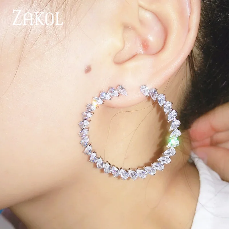 ZAKOL новые модные серьги-гвоздики с большими кругами, Прозрачная Круглая Форма, кубический цирконий, ювелирные изделия для женщин, подарок на день рождения, FSEP2033
