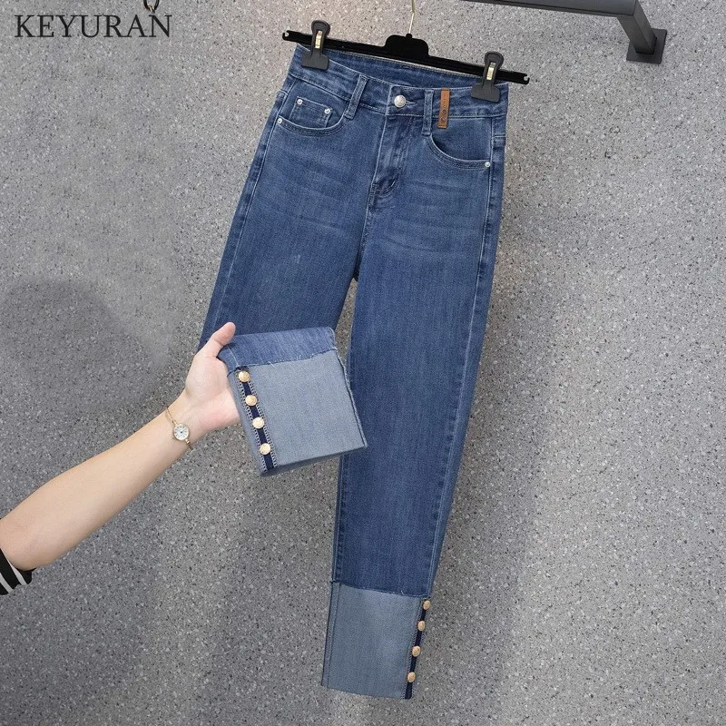 

Large size L-4XL women Spring Autumn Faded high waist jeans pocket Button turn-up hems zip fly fashion casual Pencil Denim Pants