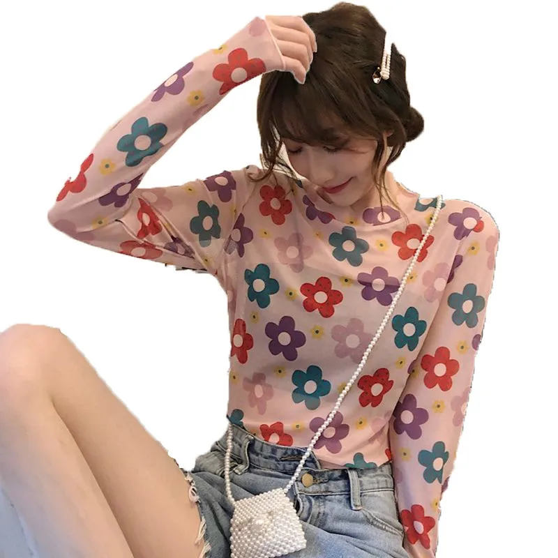 Летняя сетчатая Прозрачная Футболка Kawaii с длинным рукавом и цветочным принтом