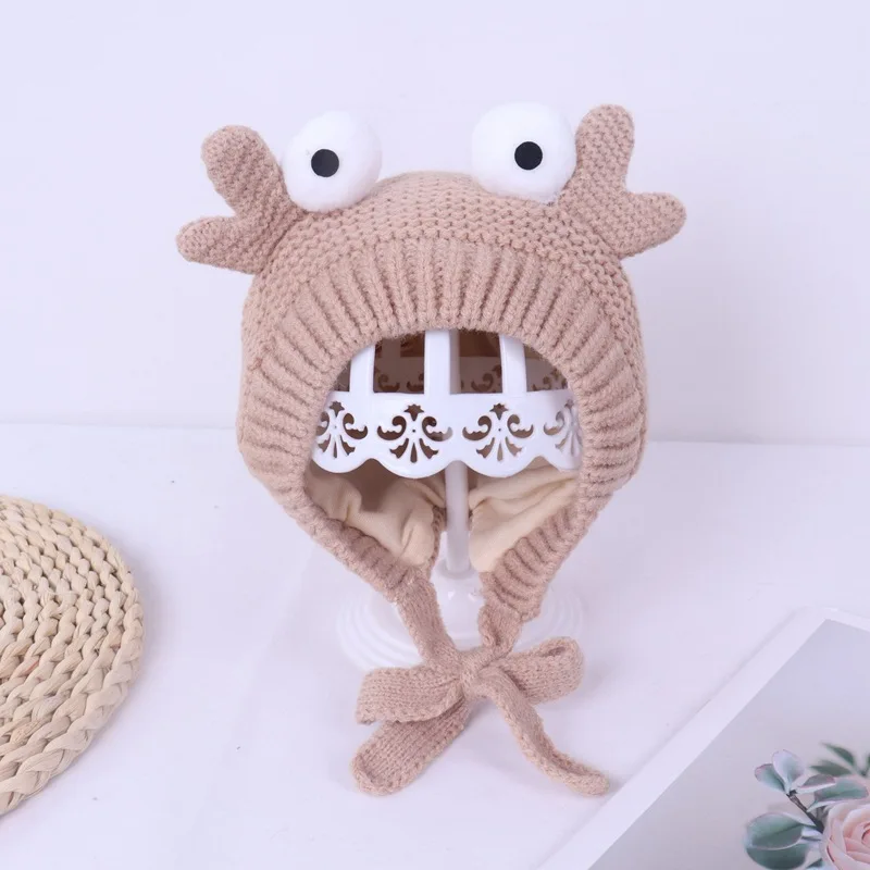 

New Cute Hat Winter New Add Velvet Warm Baby Knitted Cap Super Cute Children Cartoon Crab Ear Protection Wool Cap Wholesale