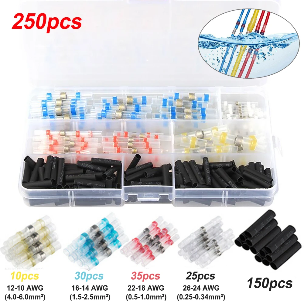 

250pcs Mix Color Waterproof Solder Sleeve Heat Shrink Butt Wire Splice Terminal Connector