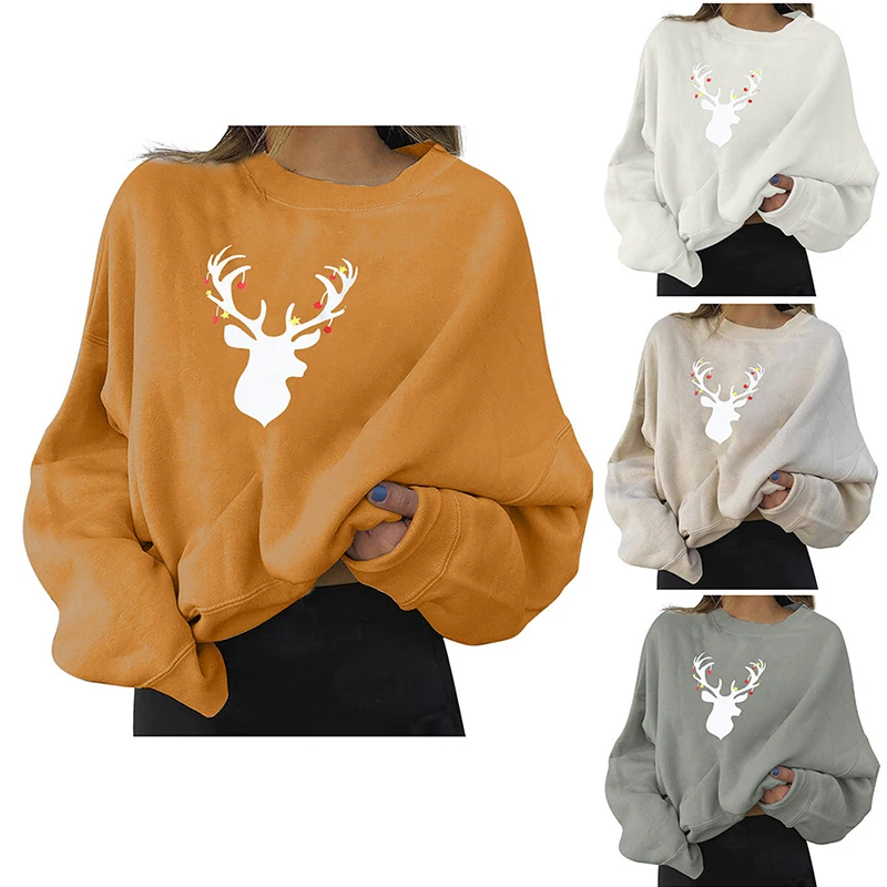 

1PC Women's Halloween Deer Head Printed Color Block Hooded Long Sleeve Pullover Casual Sweatshirt Tops Many Stylesc #068
