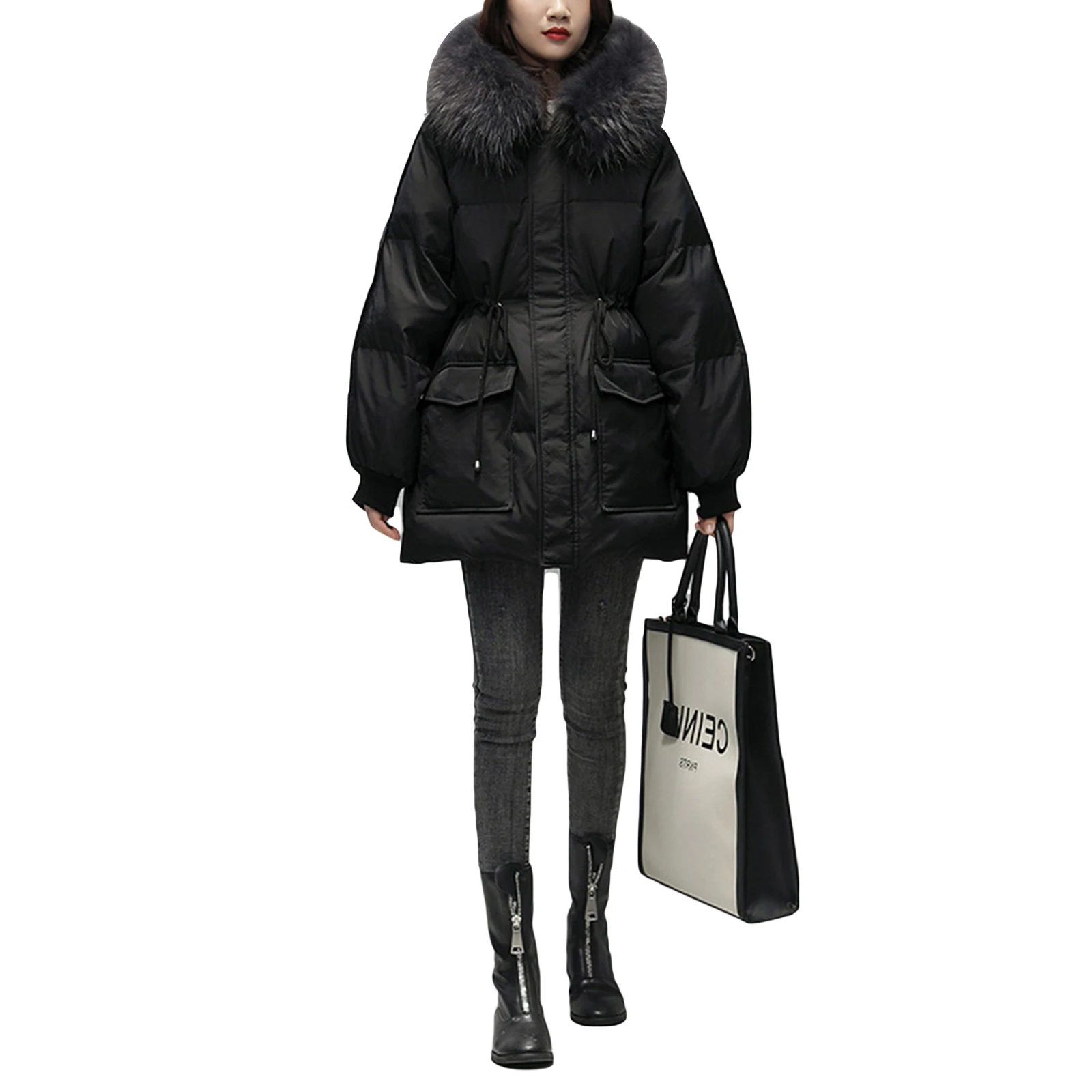

Women's Mid-length Down Padded Jacket, Small Loose Padded Jacket in Winter, Solid Color Thick Bread Padded Jacket