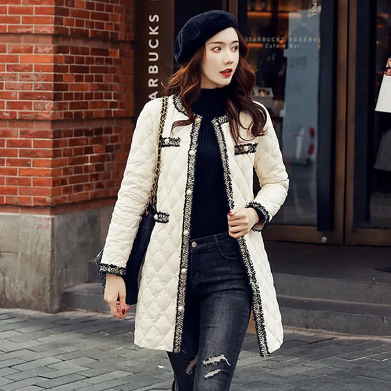 

New Korean Weaving Diamond Lattice Thin Mid-Length Cotton Clothing Women 's Cotton -Padded Jacket Coat