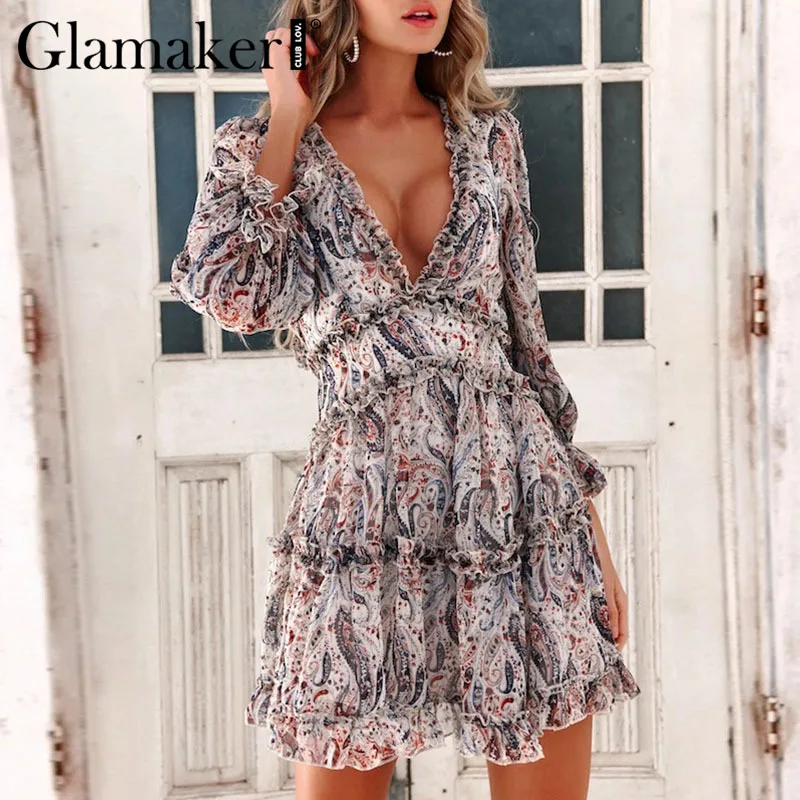 Glamaker, сексуальное платье с принтом, с рюшами, для женщин, Осенние, вечерние, короткое, элегантное платье, зима, фонарь, рукав, v-образный вырез, бодикон, платье с цветочным рисунком