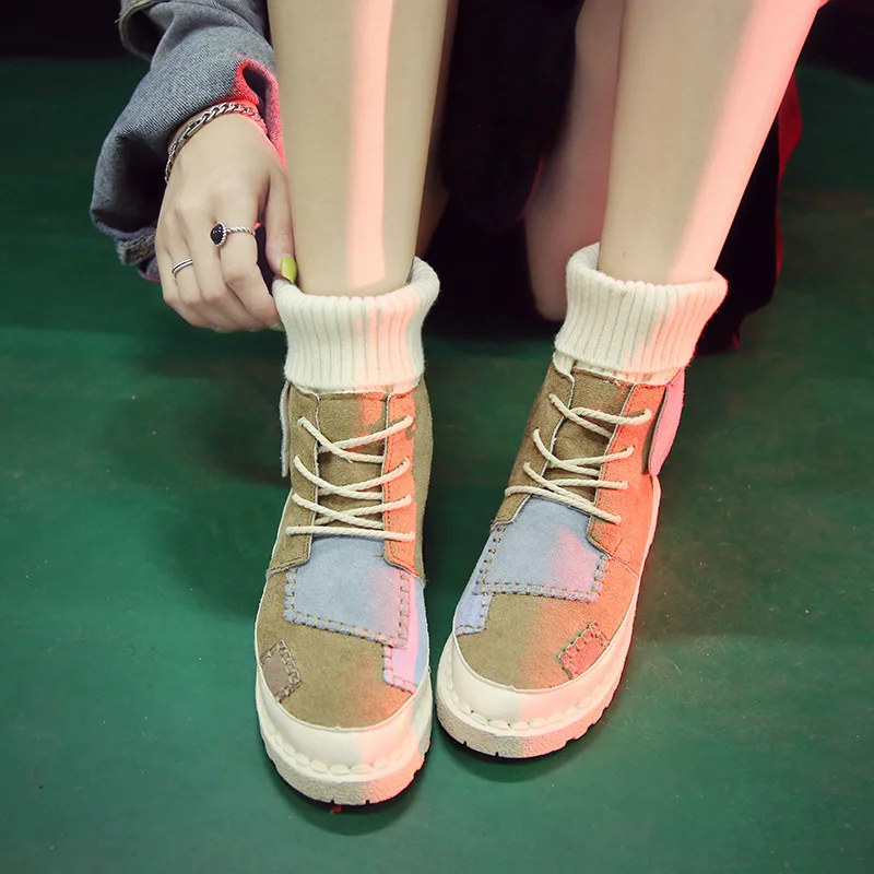 Зимние Роскошные Дизайнерские винтажные короткие ботинки с заплатками женские