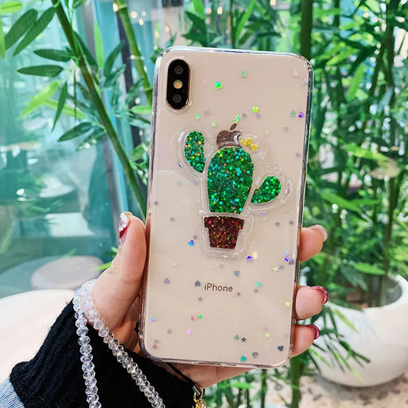 

Чехол для iphone 8, силиконовый чехол, 3D кактус, блестки, блестки, милый чехол для телефона, чехол для iPhone 7 7 Plus 6 6S 8 Plus X XR XS MAX, чехол