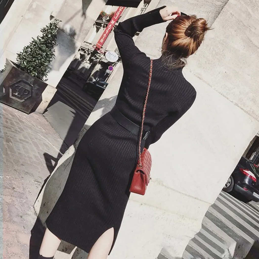 

Fashion women's sweater knit O-neck long-sleeved solid color high-neck belt slim stretch long skirt knitting