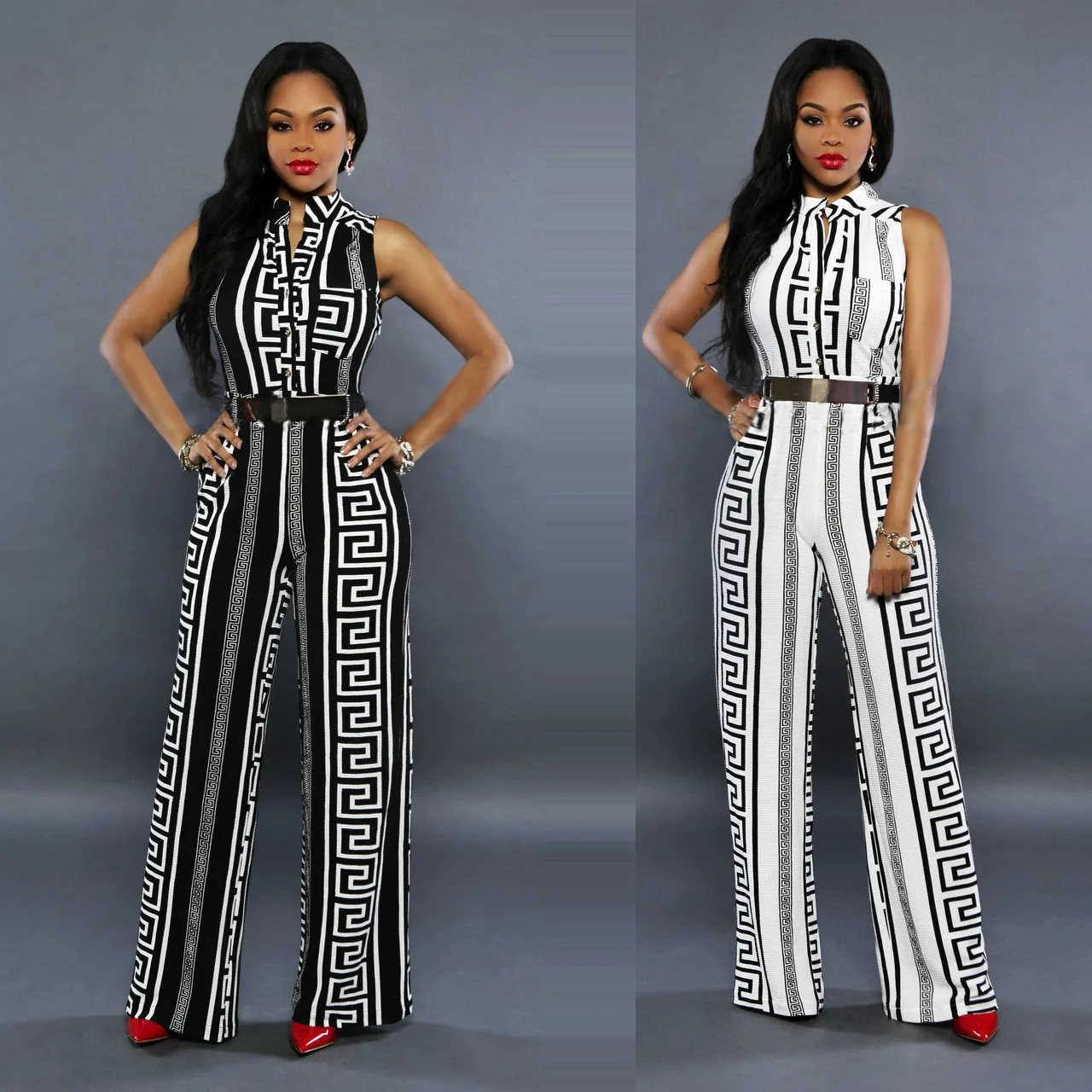 

Women V-neck Geometric Print Sleeveless Jumpsuit Long Pants 2021 Summer Female Elegant Rompers Playsuit Overalls for Women