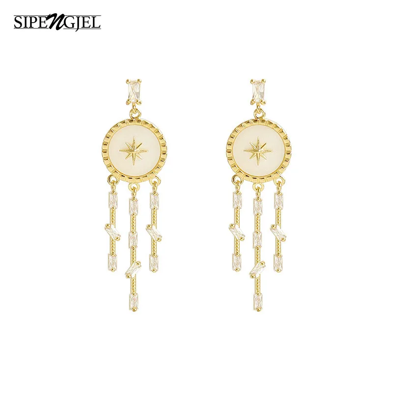 Женские длинные серьги с фианитом белые акриловые кисточками ювелирные