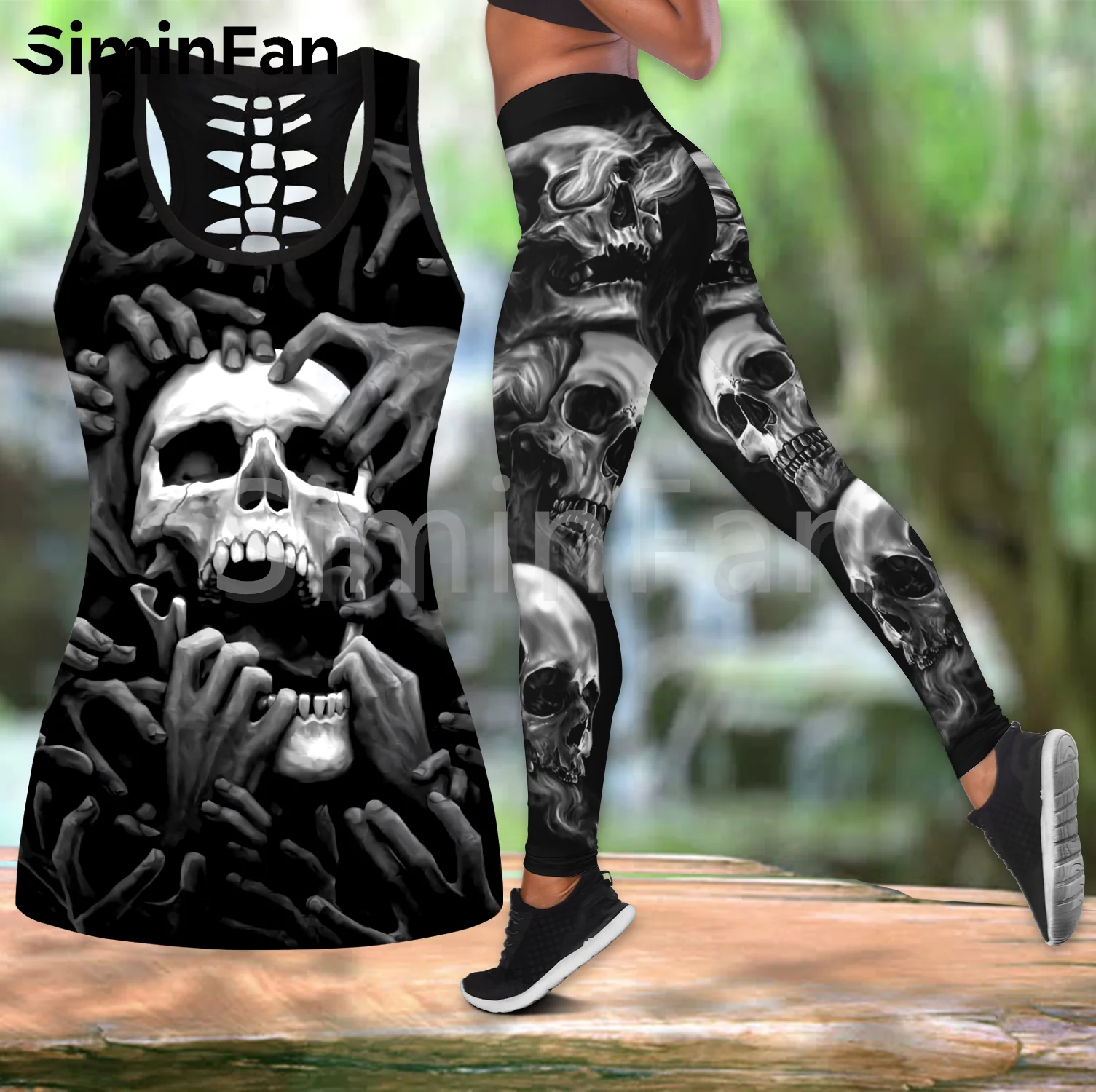 Reaper Skull Tattoo Combo Outfit Two Piece Yoga Sets Women 3D Printed Hollow Out Tank Top Leggings Summer Vest Casual Pant Suits