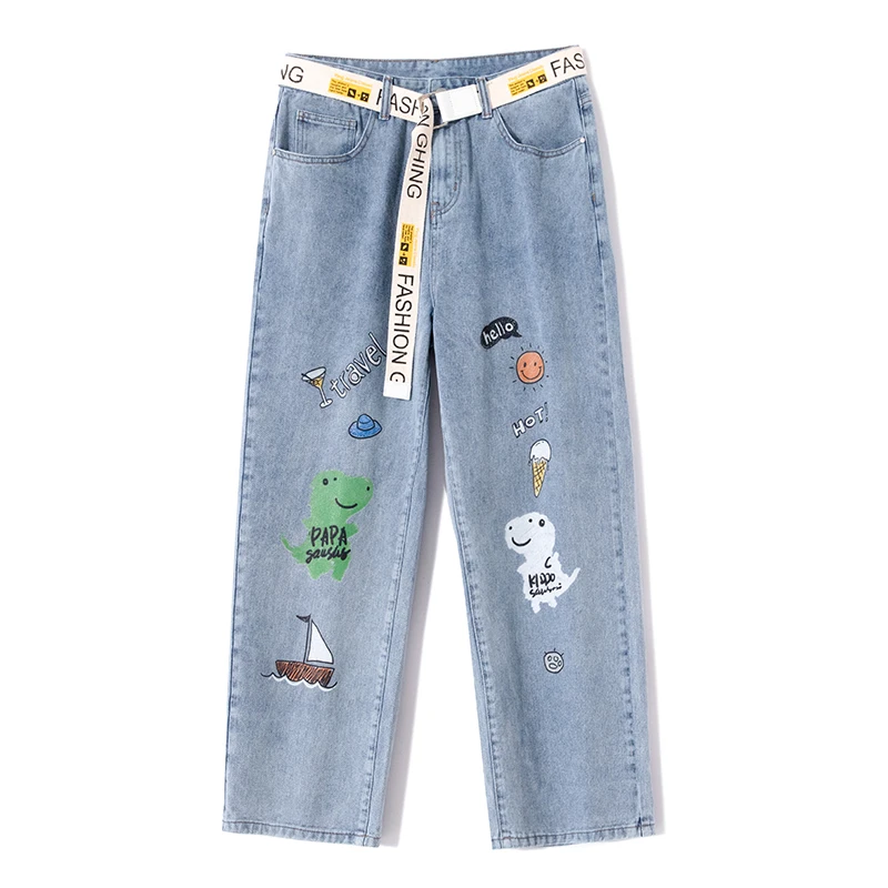 

2021 new men's jeans men's loose straight leg men's wear straight leg wash jeans men's fashion print jeans men's wide leg pants