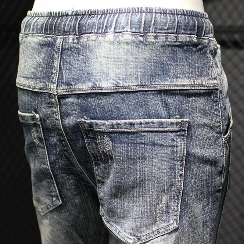 

Fashion Splice Jeans Men Loose Drawstring Casual Harem Pants Winter Japan Style Thick Warm Blue Denim Trousers Plus Size 42