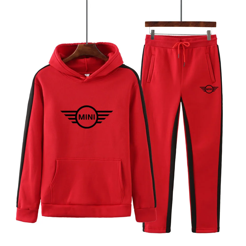 

Men's spring and autumn MINI printed patchwork sweater + patchwork casual trousers sports casual hoodie two-piece men