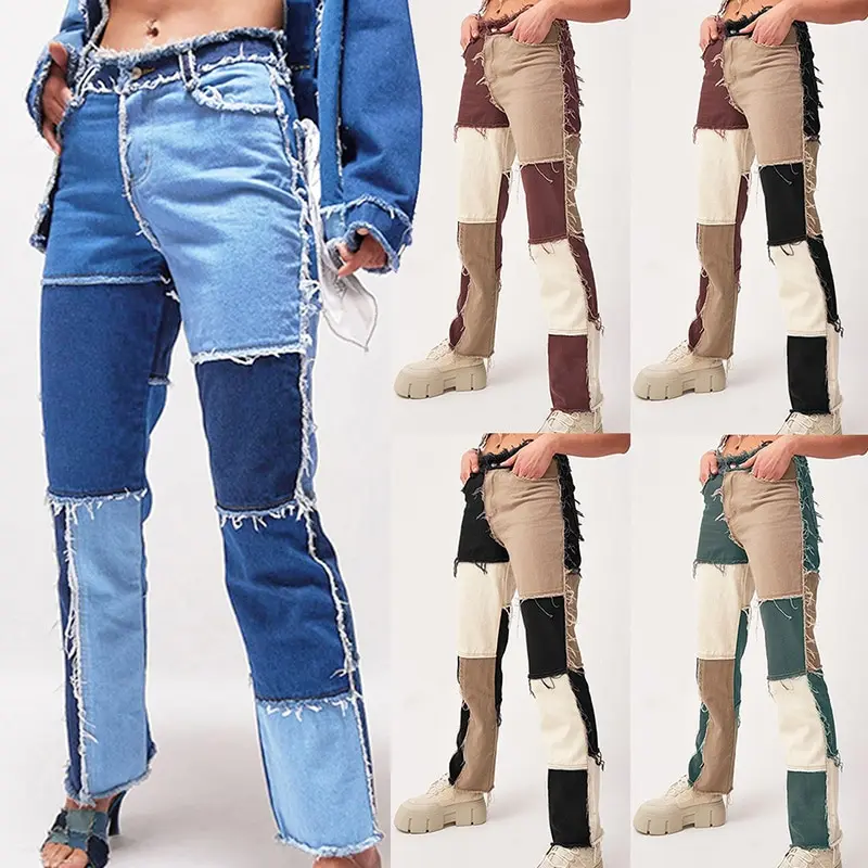 Джинсы женские прямые в стиле пэчворк с высокой талией и карманами|Прямые джинсы|