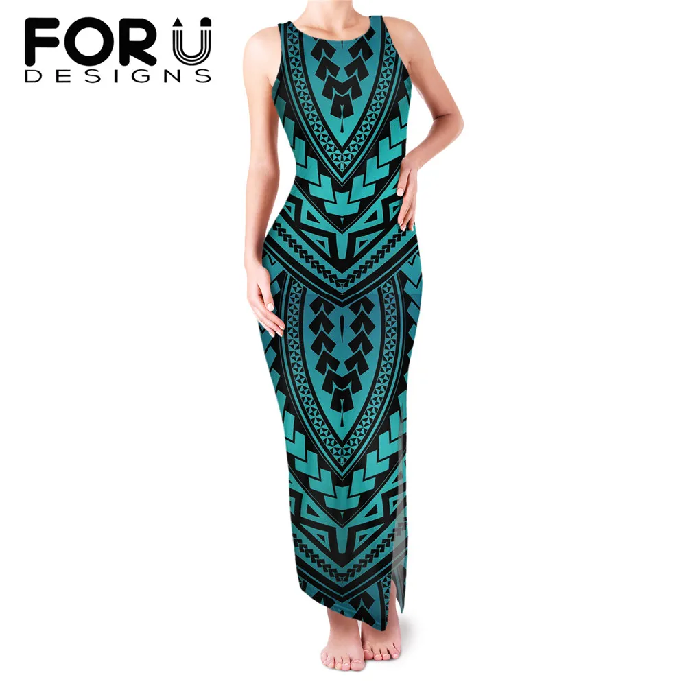 

FORUDESIGNS Polynesian Tribal Print Summer O-neck Bodycon Dresses for Woman Sleeveless Party Dress High Slit Sundress Robe Femme