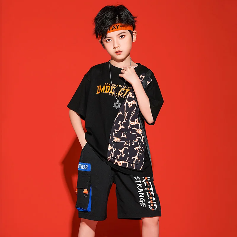 Черный костюм в стиле хип-хоп для летних уличных танцев детский бега праздничная