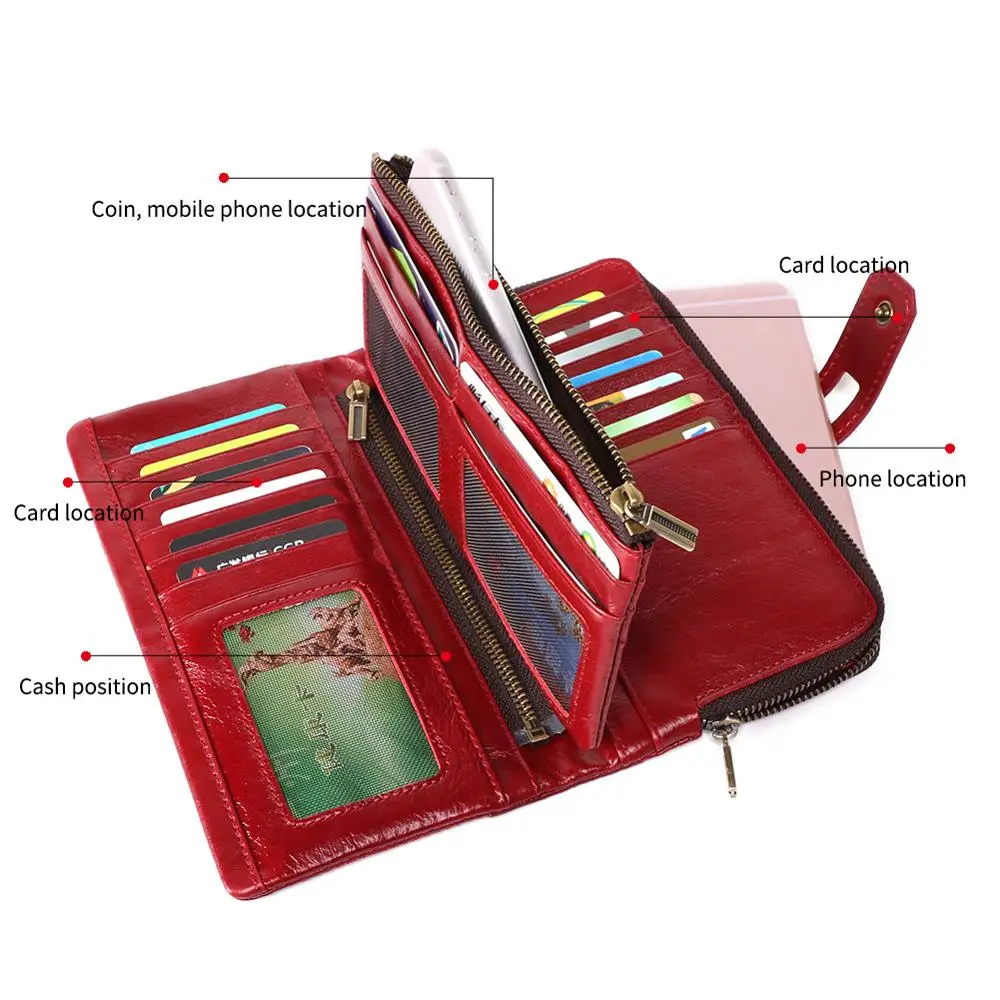 

Women RFID Long Wallet Retro Classic Zipper Purse High Quality Cow Leather Phone Case Casual Female Cards Holder Coin Wallet
