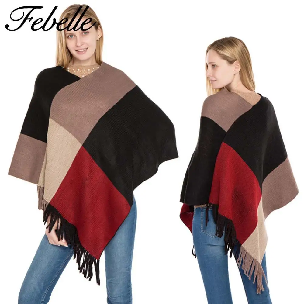 Зимний женский шарф Febelle кашемировая цветная пряжа клетчатая накидка пончо плащ