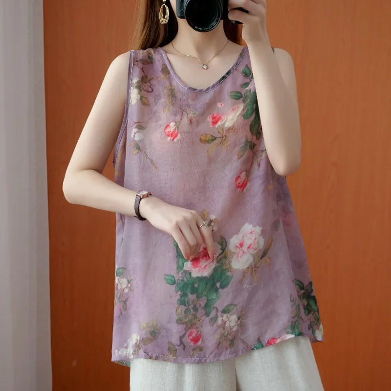 

Майка женская из хлопка и льна, Повседневная тонкая Свободная рубашка без рукавов, с цветочным принтом, в винтажном стиле, B319, лето 2021