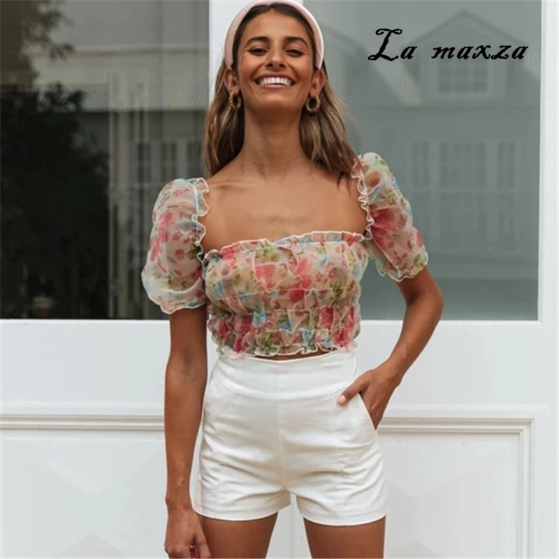 

Женская одежда, Сексуальная Повседневная футболка с цветочным принтом и квадратным воротником, Корейская футболка с коротким рукавом, 2020