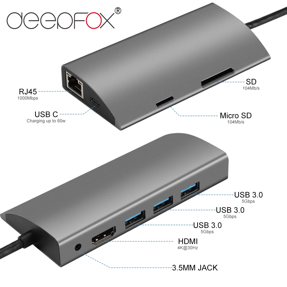 

9-в-1 USB C-концентратор DeepFox на USB 3,0, HDMI-совместимый аудиоразъем RJ45, адаптер для SD-карты, концентратор для MacBook Pro, аксессуары с PD