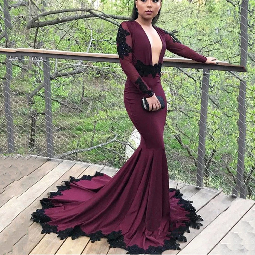 Модное Бордовое платье русалки с длинными рукавами для выпускного вечера женщин
