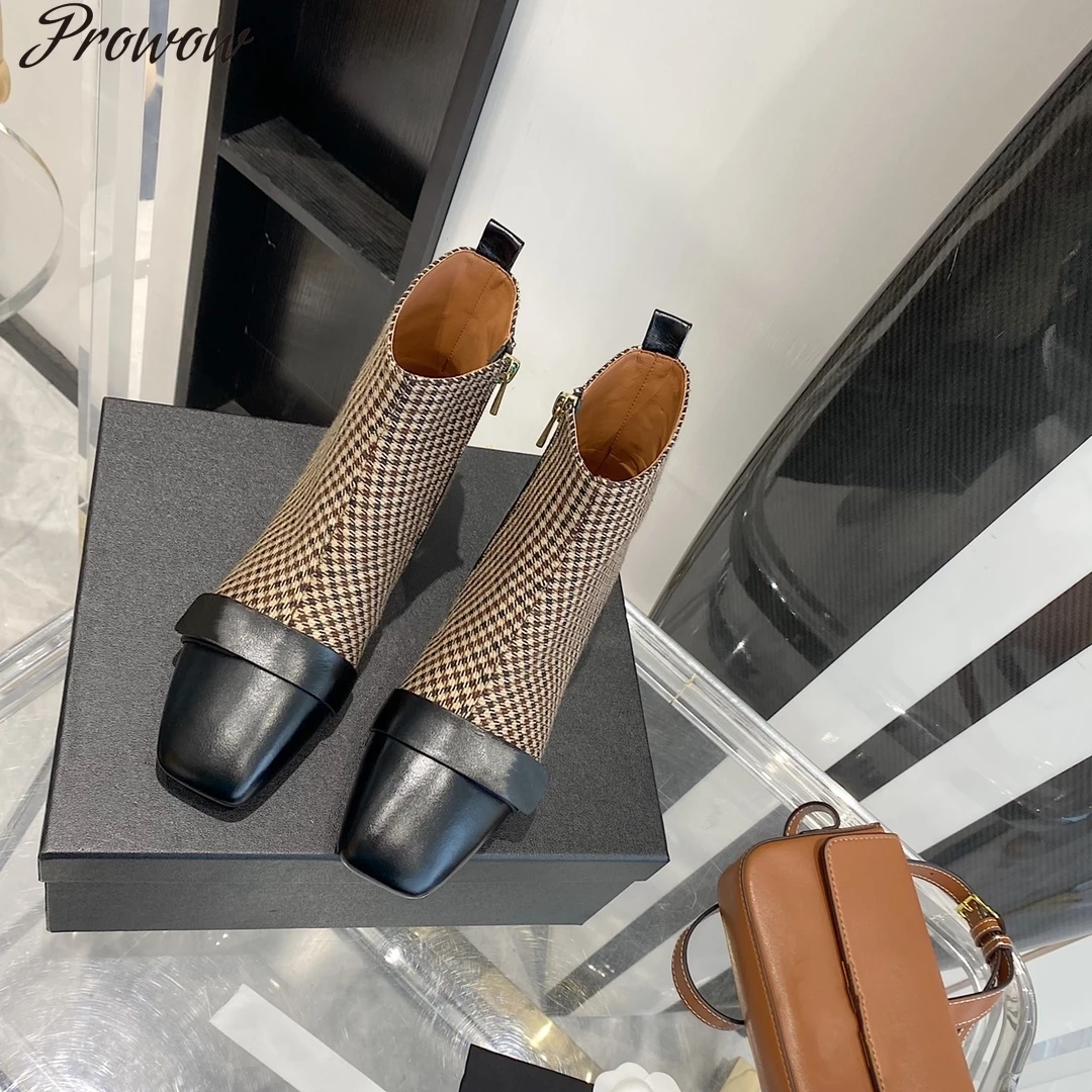 

Prowow Newest Autumn Winter Shoes Women Genuine Leather Mid-Calf Boots Zipper Mixed Colors Chunky Heels Designer Shoes