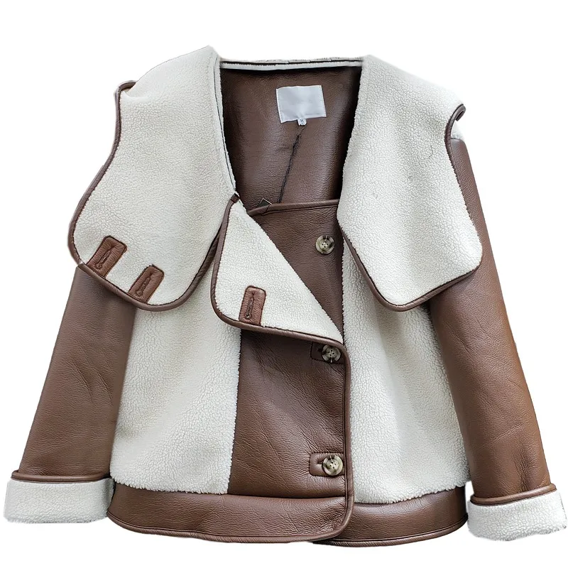 

Large Lapel Imitation Lamb Wool Leather Jacket Loose Hooded Short Coat Thicken Womens Mixed Colors Streetwear Warm Outerwear