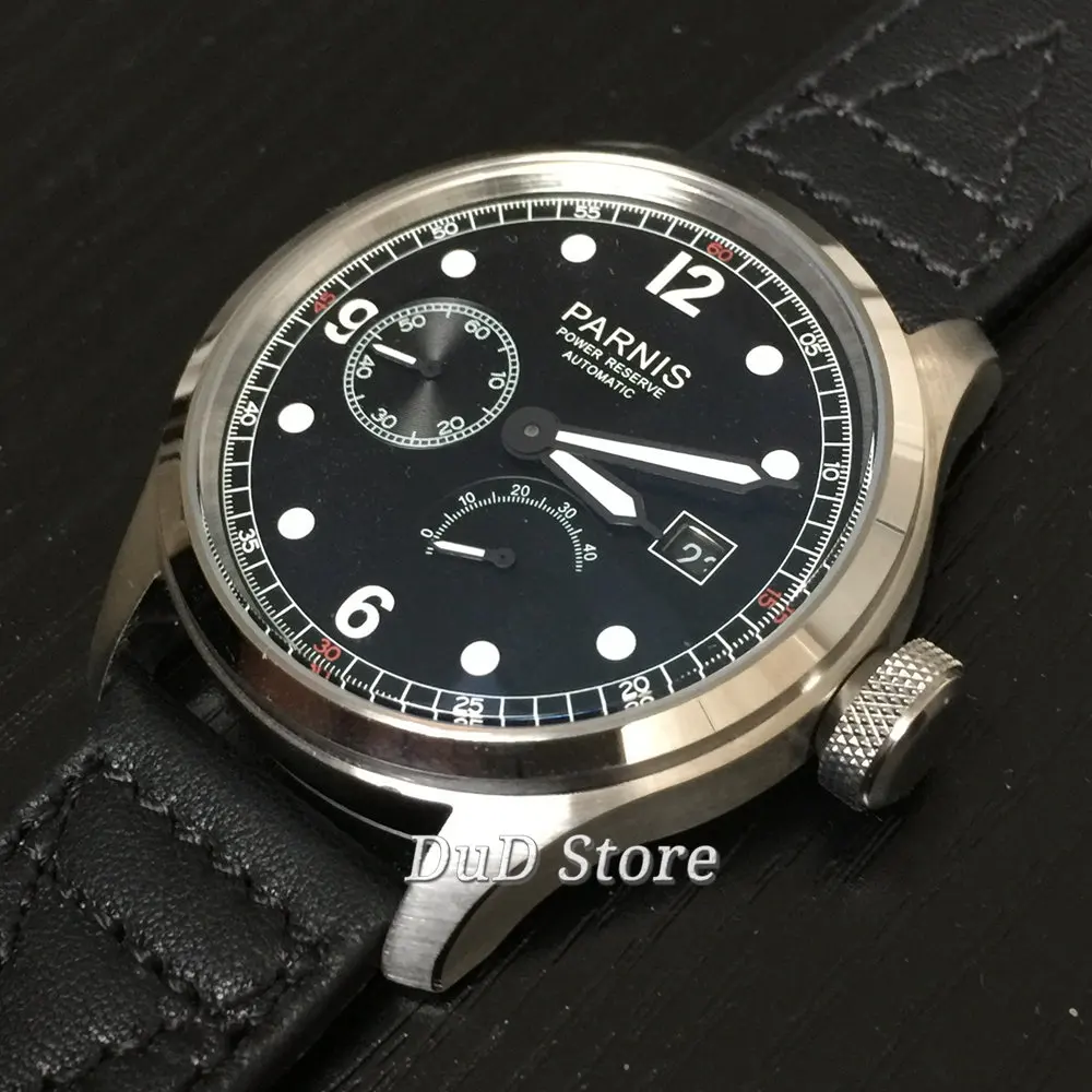

PARNIS 47mm Stainless case black dial power reserve date Luminous automatic WATCH Leather strap ST 2530 mechanical mens watch