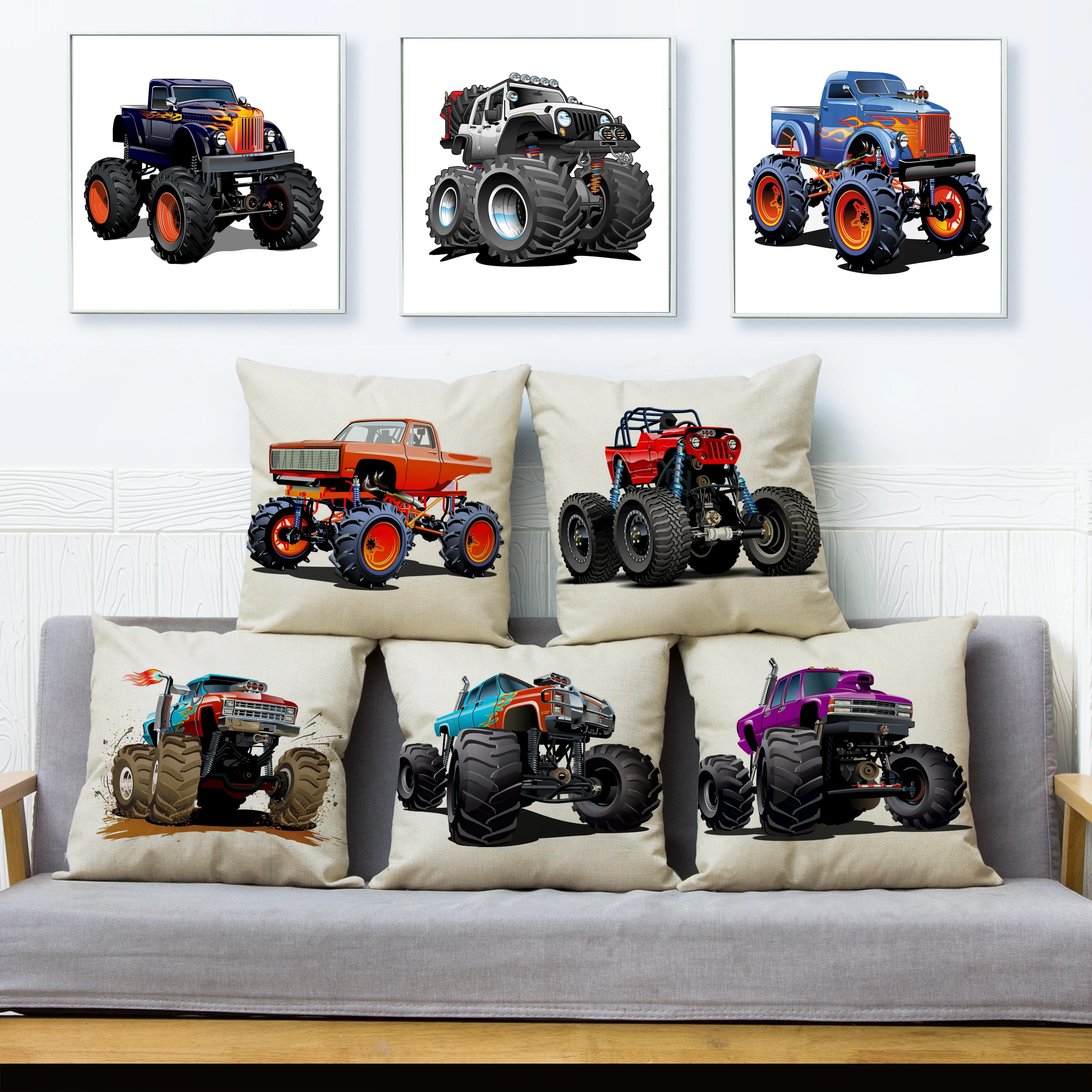 

Cartoon Monster Truck Print Cushion Cover 45*45 Linen Pillowcase Exaggeration SUV Pattern Home Decor Throw Pillows Cases