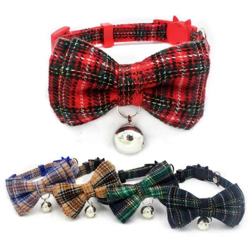 

(50 Pieces/Lot) New Scottish Plaid Safety Buckle Bell Comfortable Cat Collar Cotton Pet Collar Cat Puppy Necklace Collars