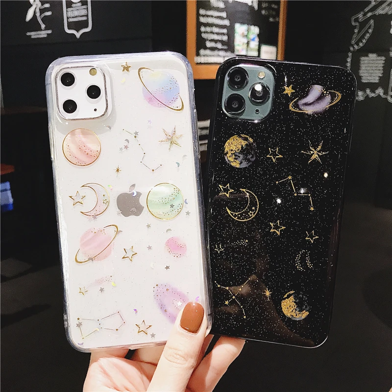 Glitter Planet Star Moon Space Phone Case For iPhone 14 Pro Max 13 12 11 X XS XR 7 8 Plus Mini Transparent Soft Epoxy Back Cover