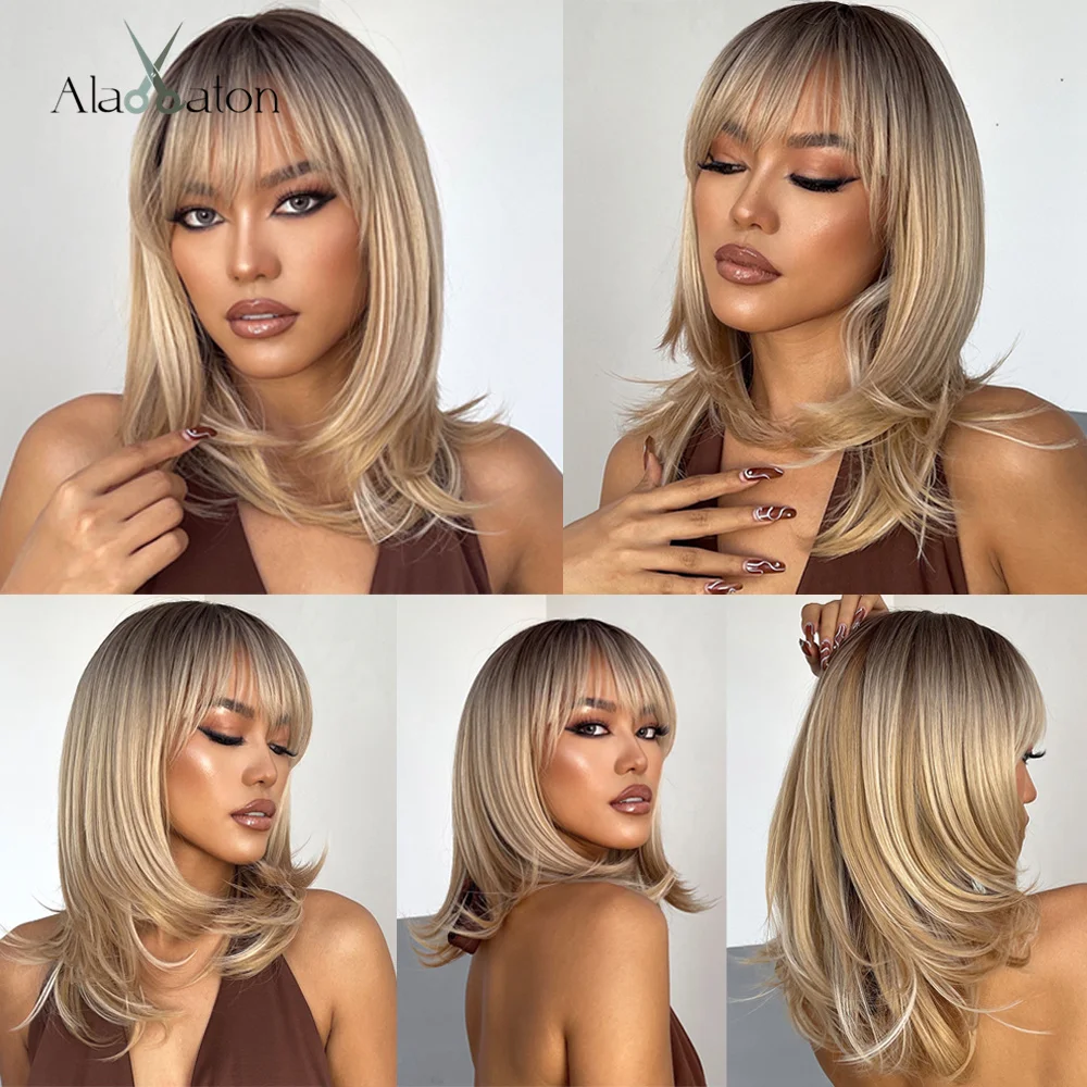 ALAN EATON Synthetic Wigs Long Straight Layered Hairstyle Ombre Black Brown Blonde Gray Ash Full Wigs with Bangs for Black Women