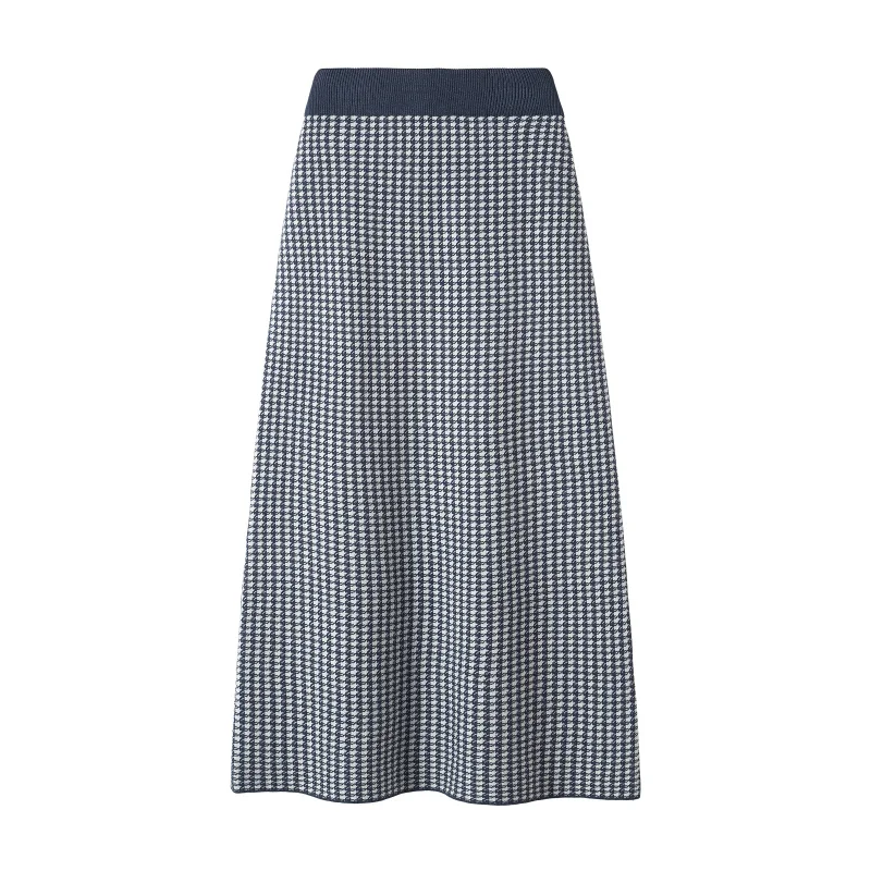 

Vogue Houndstooth A-Line Sweater Skirts Women 2020 Autumn Winter Elastic Waist Elegant Mid Luxury Jacquard Knitted Skirt Female