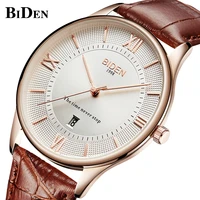 biden men fashion white rose golden quartz watch waterproof leather band wristwatch top brand luxury casual business date clock