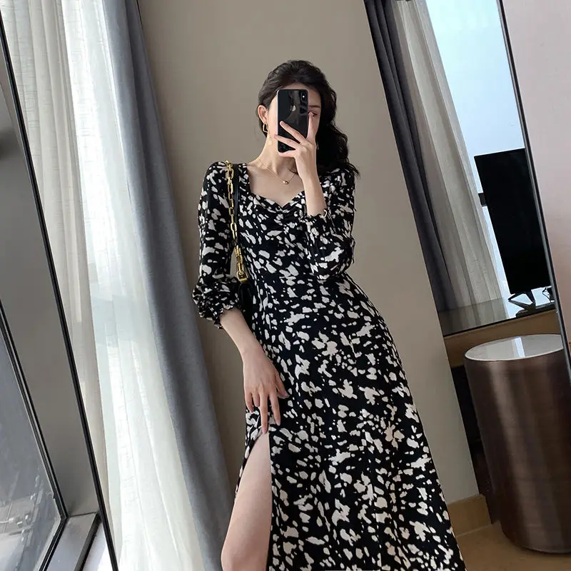 

Black Floral Dresses For Women 2021 Elegant Office Lady Long Sleeve V Neck A Line Cut Out Sexy Chiffon Vestidos High Quality