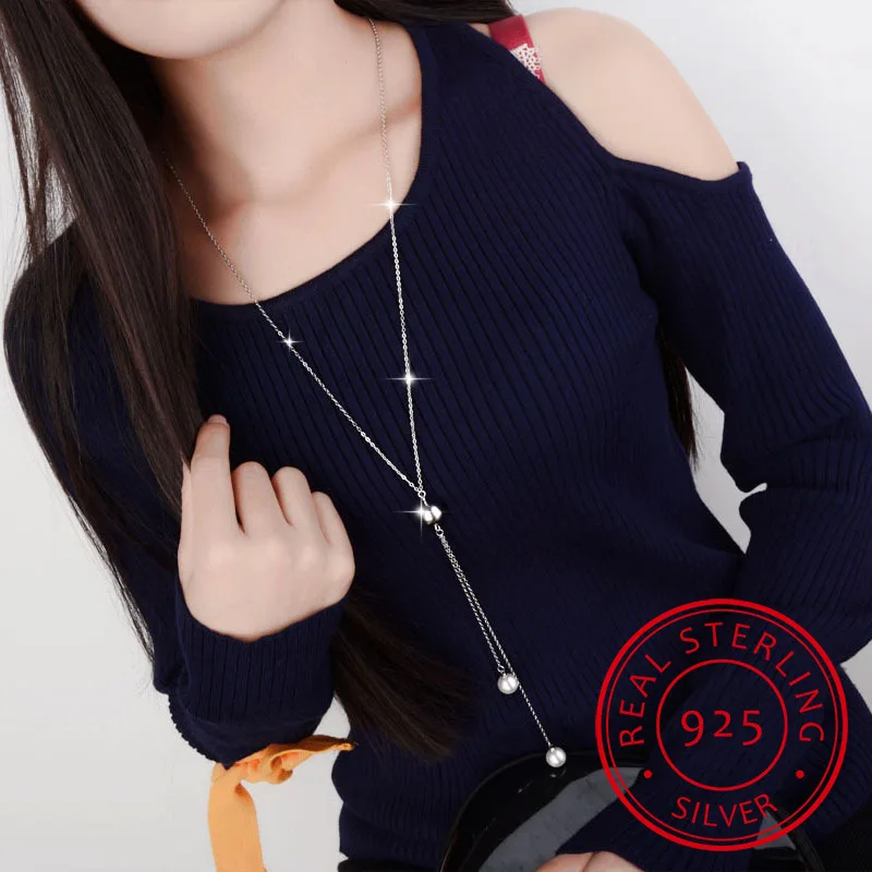 

Simple Fashion 925 Sterling Silver Necklace Ball Beads Pearl Sweater Long Chain Necklaces For Women Choker Collares Jewelry Gift