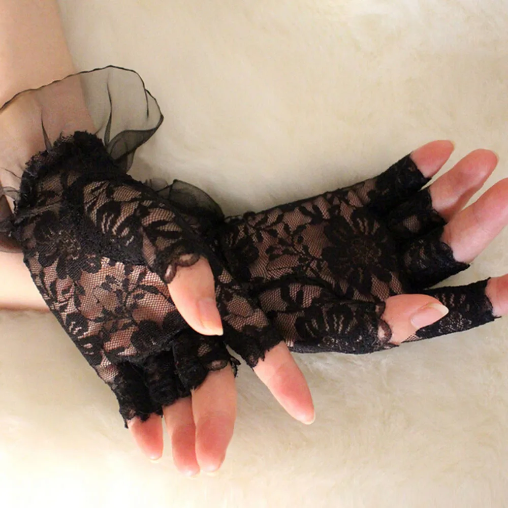 

Women's Lace Gloves Short Fingerless Vintage Perspective Mitten Adult Lady Girls Sunscreen Party Half Finger Solid Color Gloves