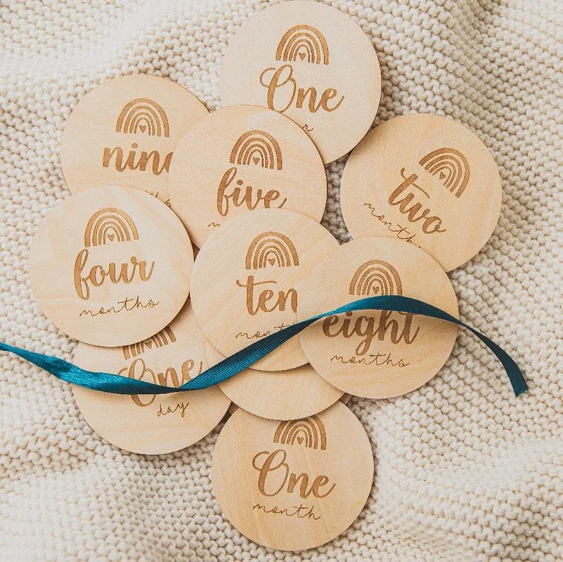

2020 new style rainbow baby photo prop baby shower gift Wooden milestone plaques 14pcs