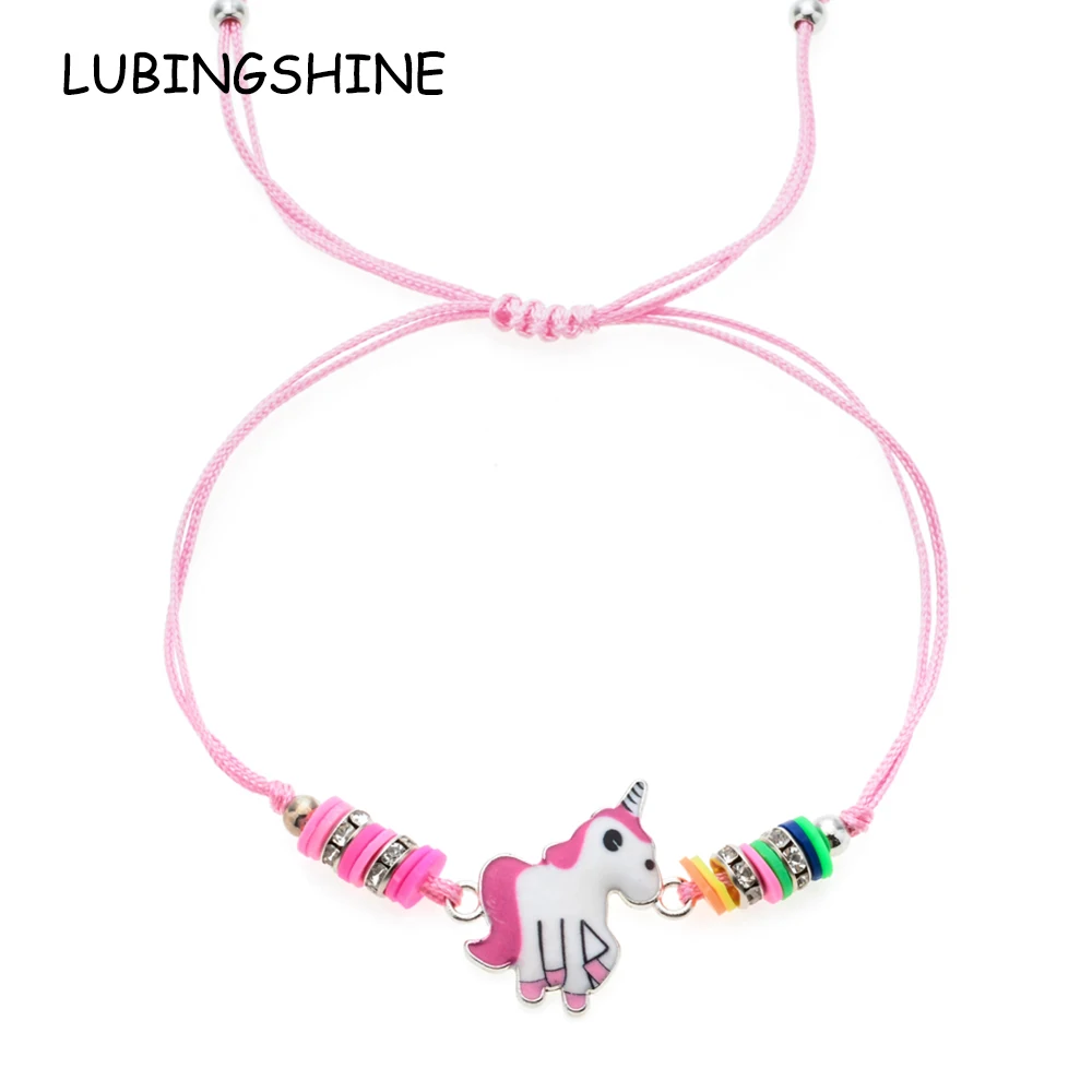 

50pcs/lot Women Pink Unicorn Charms Bracelet Adjustable Braided Rope Chain Anklet Wristband Handmade Jewelry for Child Girl Gift