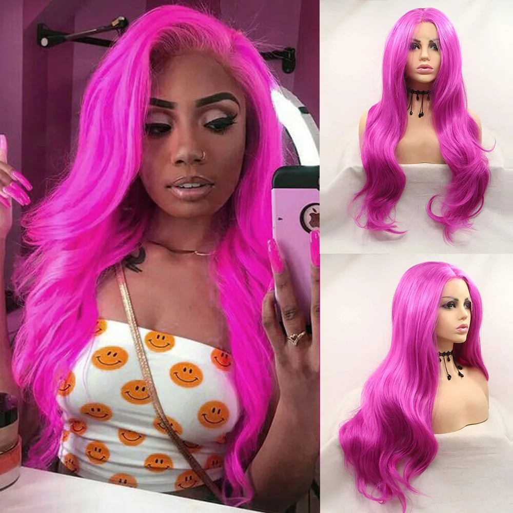 

Pink Wig Soft Red Lace Front Wig Long Body Wave Wig Long Wavy Heat Resistant Synthetic Wigs For Black Woman T Part 24 Inch