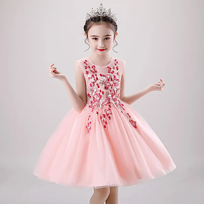 

Flower Little Girl Dresses For Weddings Sleeveless Butterfly Model Show Ball Gown Appliquse Beading Princess Birthday Dresses