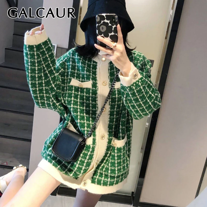 

GALCAUR Korean Fashion Gingham Colorblock Jacket For Women Round Collar Long Sleeve Straight Coat Female Autumn Clothes 2021 New